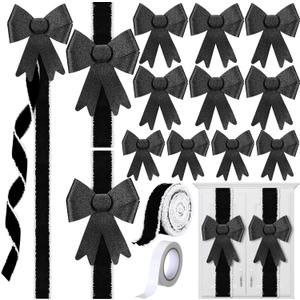 16 Pcs Velvet Christmas DIY Cabinet Ribbons Bows Large Christmas Door Kitchen Ribbon Cabinet Bows with 27 Meter Velvet Ribbons for DIY Xmas Holidays Kitchen Party Decorations(Black)