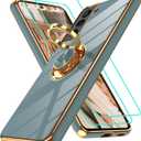 Gritup for Samsung Galaxy S21 Plus Case: with 2Pcs Screen Protector, 360 Rotation Ring Holder Magnetic Kickstand Plating Gold Edge Soft TPU Shockproof Protective Cover for S21 Plus, Gray