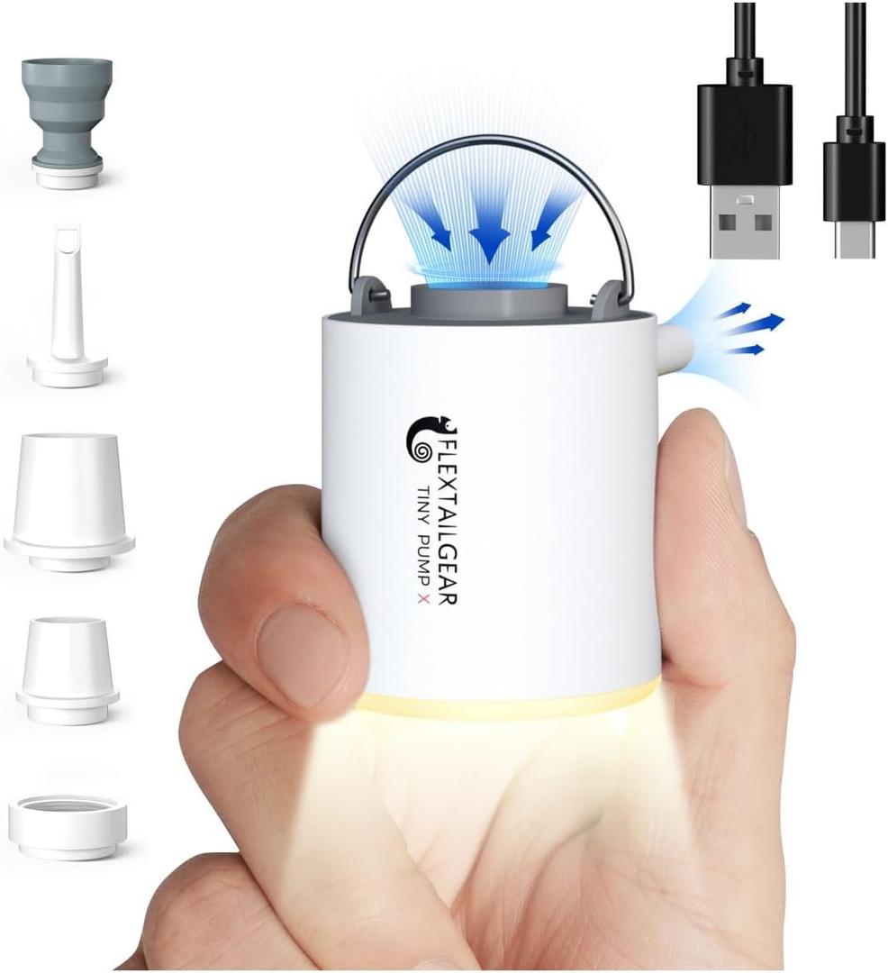 FLEXTAILGEAR Tiny Pump X Portable Air Pump + Camping Light Ultra-Mini Air Pump with 1300mAh Battery USB Rechargeable for Sleeping Pads Pool Floats Air Bed Air Mattress Swimming Ring (Grey - X) (Gray)