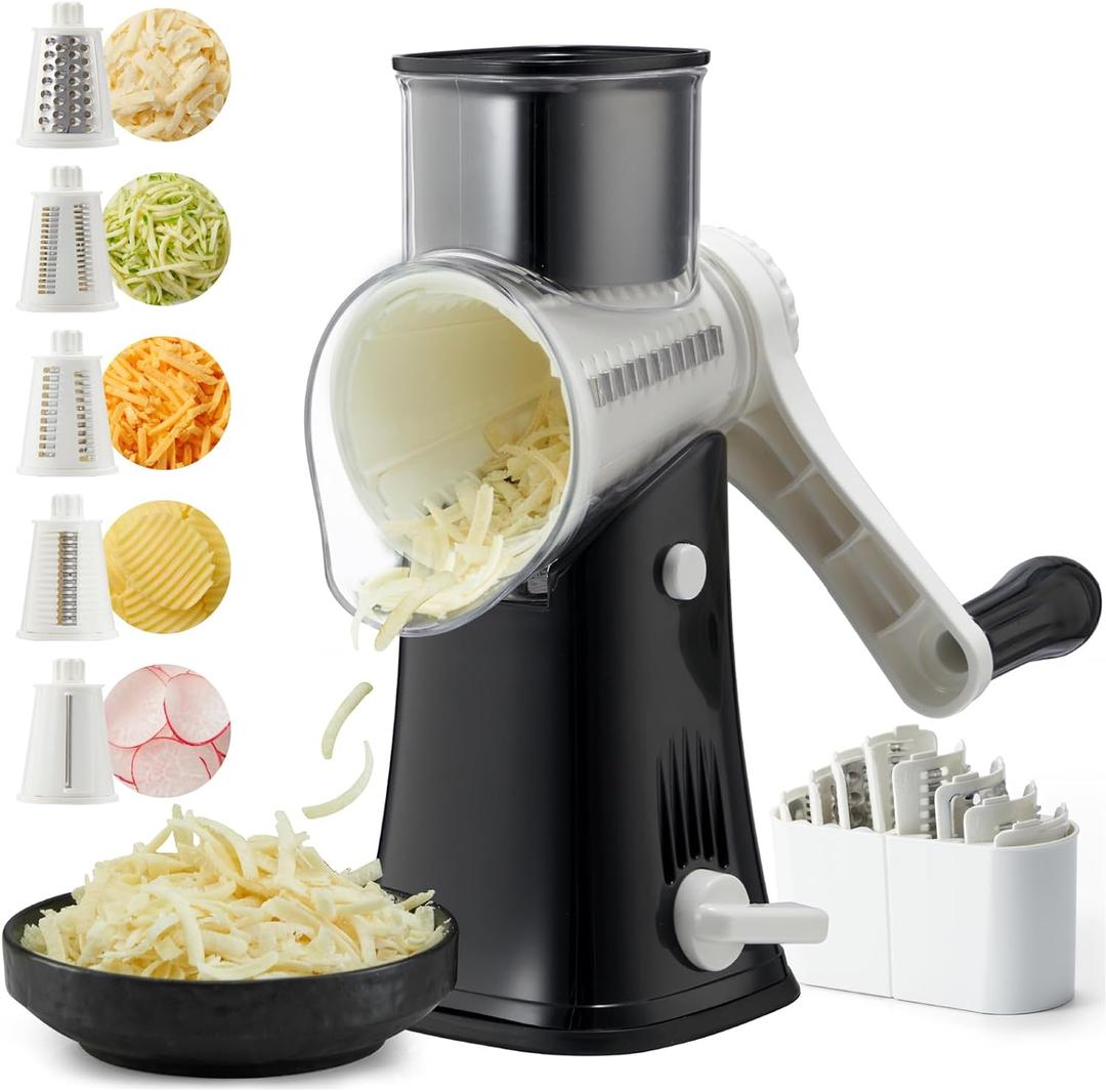 Rotary Cheese Grater Hand Crank, 5 Blades Cheese shredder, Stronger Suction, Easy to Clean for Fruit, Vegetables, Nuts, Black