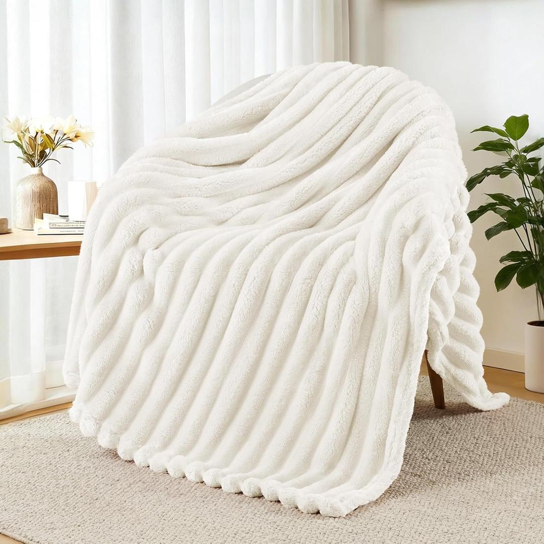 Exclusivo Mezcla Fleece Throw Blanket for Couch, Super Soft Striped Jacquard Bed Blanket, Lightweight Fuzzy Cozy for All Seasons, 50x60 Inches, Ivory