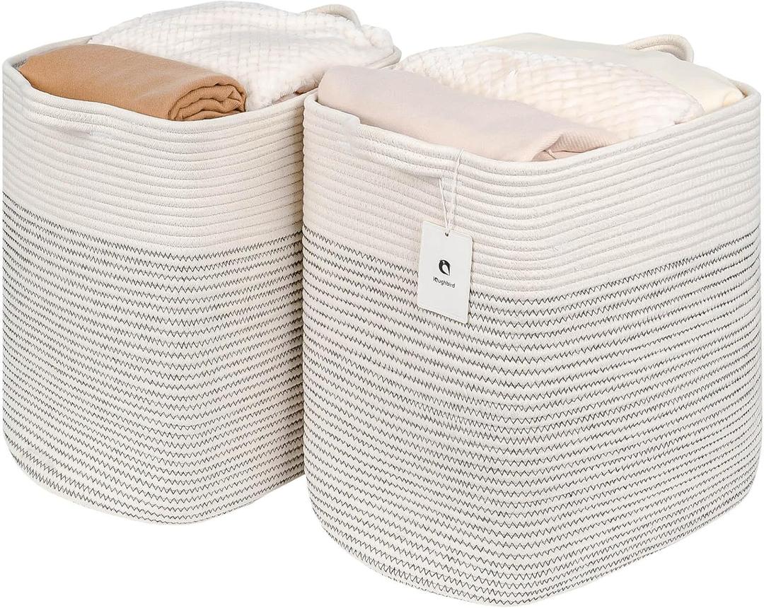 Laughbird Storage Baskets for Clothes Fabric Cotton Rope Storage Basket with Handles, Decorative Woven Basket for Living Room,Closet Organizer Blankets, and 2bags (White/Black Line, L16W11.4H15.9)