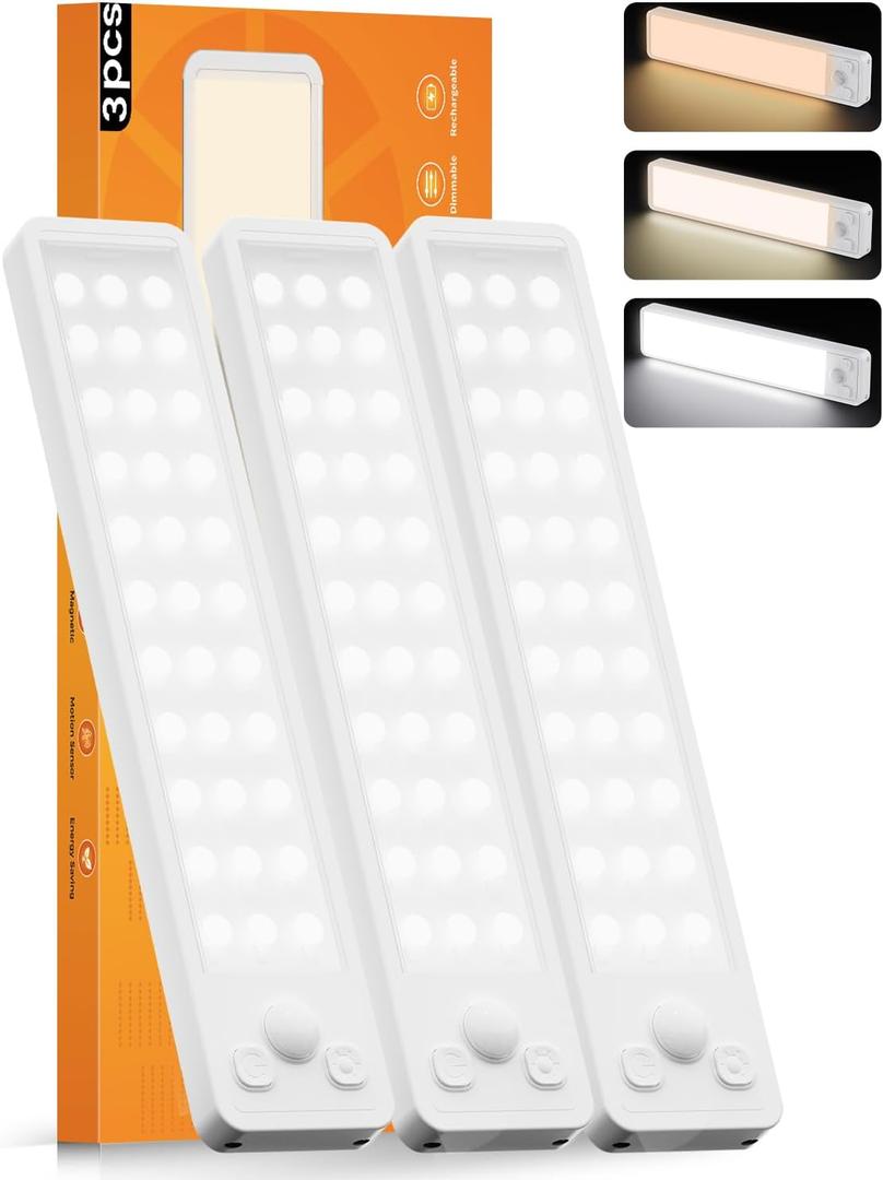 Under Cabinet Rechargeable Dimmable Lighting: 3 Color Temperature Motion Sensor Lights Indoor - Battery Operated Lights - Activated Closet Magnetic Wireless Led Light for Kitchen Home Bathroom 3 Pack