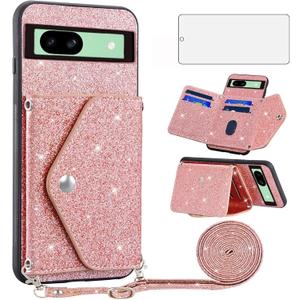 Asuwish Phone Case for Google Pixel 8A 5G Wallet Cover with Tempered Glass Screen Protector and Crossbody Strap Lanyard Bling Glitter Credit Card Holder Cell Accessories Pixel8A A8 Girls Rose Gold