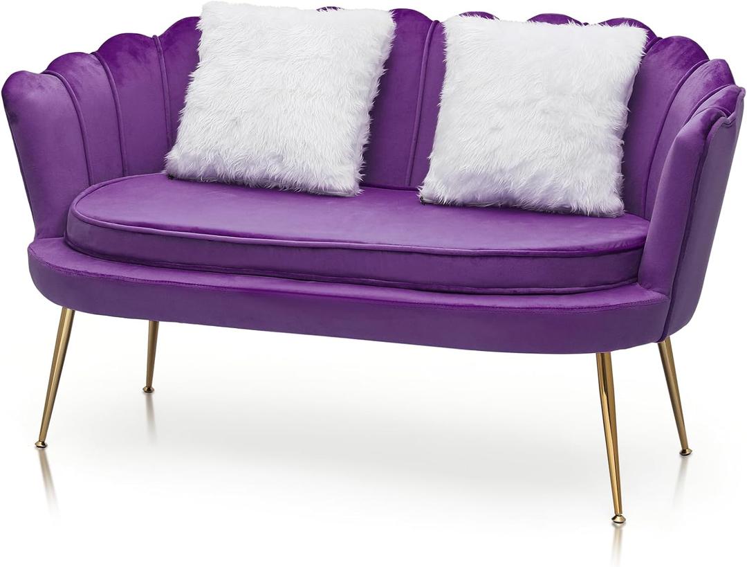 Magshion Purple Velvet Couch Tufted Loveseat with 2 Pillows, Velvet Love Seat Accent Chair, Modern Scalloped Back Upholestered Armchair with Metal Legs, Cushion Padded Sofa
