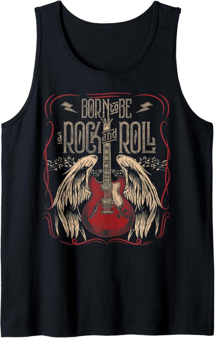 Vintage Retro Style 80s Guitar with Wings Rock and Roll Tank Top (Small, Black)