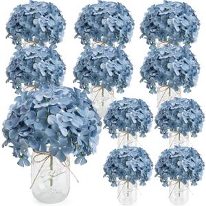 Hydrangea Flower in Mason Jars, 10 Set Floral Arrangements Table Centerpieces Decor Glass Flowers Vases for Home Party Wedding Bridal Shower Graduation Boho Decorative(Blue)