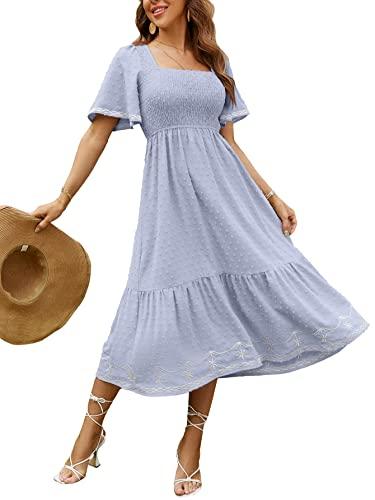 Glamaker Women's Short Sleeve Smocked Square Neck A Line Summer Flowy Midi Dress Light Blue Medium Glamaker Women's Short Sleeve Smocked Square Neck A Line Summer Flowy Midi Dress Light Blue Medium