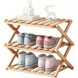 AuraHaven 3-Tier Bamboo Shoe Rack, Foldable Shoe Storage Organizer for Closet, Bedroom, Entryway & Living Room - Portable No-Assembly Design, Space-Saving for Shoes & Accessories​(3 Tier) (Wood)