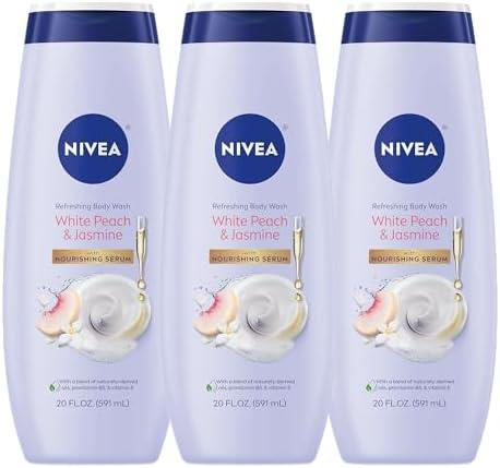 NIVEA Refreshing White Peach and Jasmine Body Wash with Nourishing Serum, Scented Body Wash for Women, Enriched with Provitamin B5 and Vitamin E, 20 Fl Oz Bottle, 3 Pack