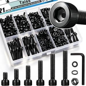 Taiss 380PCS M4 Screw Kit M4x6/8/12/16/20/30mm 6 Size Hex Socket Head Cap Screws,M4 Bolts and Nuts & Washers Assortment with Hex Wrench 12.9 Grade Alloy Steel Black Zinc Plated Small Metric Screws
