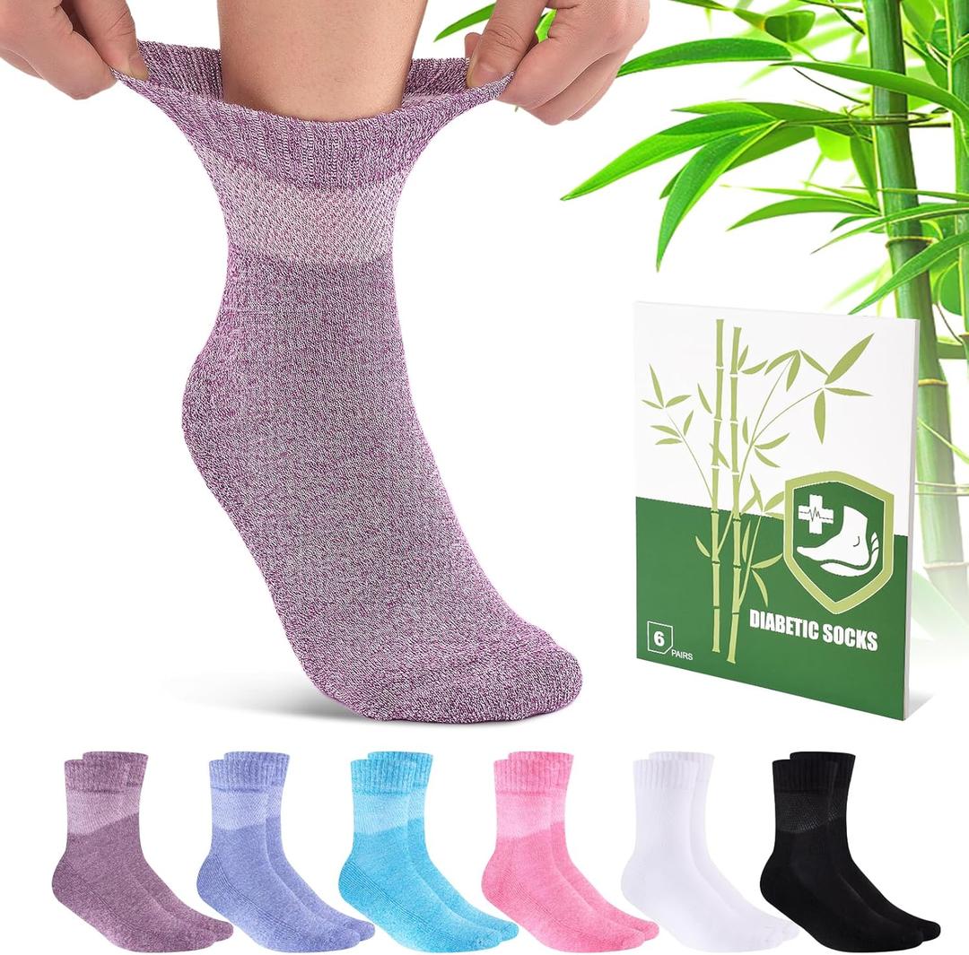 Bamboo Viscose Diabetic Socks for Women, 6 Pairs Non Binding Wide Top, Seamless Loose Cushion Socks for Swollen Feet (Medium, Multicolor)