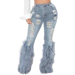 Tbahhir Women's Skinny Ripped Jeans Pearl Distressed Stretchy High Waisted Tassels Slim Fit Denim Pants Y2K Streetwear Size L