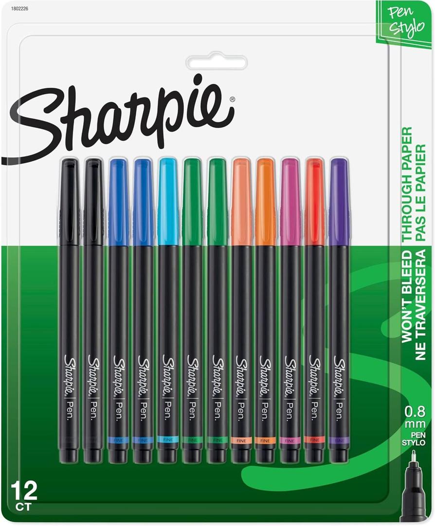 Sharpie Felt Tip Pens, Fine Point Pens (0.4mm), Felt Tip Markers, Assorted Colors, 12 Count - Journaling, Art, Drawing, Markers