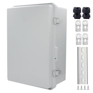 IP67 Waterproof Junction Box, ABS Plastic Electrical Enclosure with Stainless Steel Latch, Hinged Cover Electric Box with Mounting Plate, Wall Brackets & Cable Glands 350x250x150
