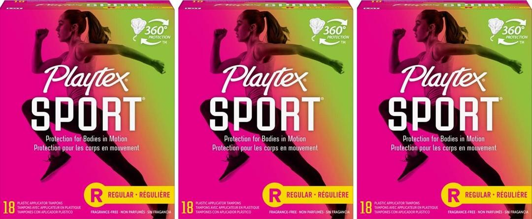 Playtex Sport Tampons, Regular Absorbency, Fragrance-Free - 54ct (3 Packs of 18ct)