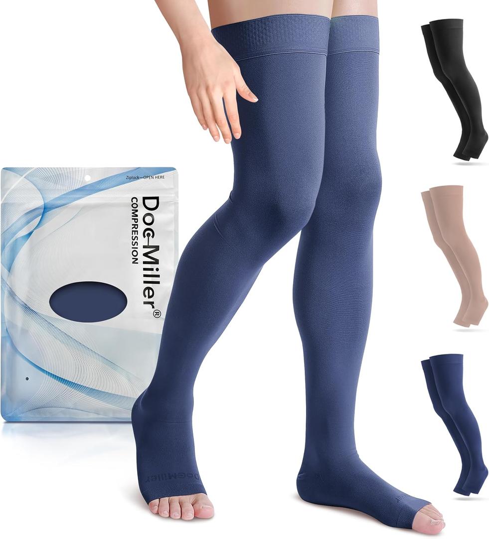 Doc Miller Thigh High Open Toe Compression Stockings 15-20mmHg for Varicose Veins, Pregnancy Support Open Toe Thigh High Compression Socks for Women and Men (Dark Blue, XX-Large)