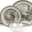 Melamine Dinnerware set for 4 - Dinner Plates Bowls Set 12 PCS Durable BPA Free Dishwasher Safe Shatter-Proof Chip Resistant for Indoor Outdoor, Deer