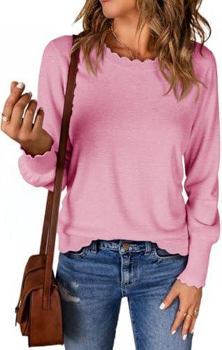 Cicy Bell Womens Crew Neck Long Sleeve Sweater Trendy Casual Scallop Trim Fall Knit Lightweight Pullover Tops XL