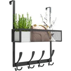 Over The Door Hooks Organizer,Over Door Hanger Towel Rack Mesh Basket with 12 Hooks,Back of Door Storage Organizer for Bedroom,Bathroom,Kitchen,Office(Black)