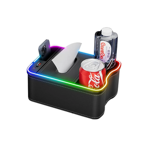 Car Armrest Storage Box With 2 Drink Cup Holders, 7 Colour LED Lights Car Console Organiser With USB + Type-C Charging Port, Universal Small Car Storage Organizer Front Seat, Pack 10