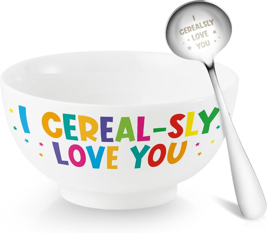 R HORSE Cereal Bowl and Spoon Set Colorful Funny Cereal Bowl with Engraved Spoon Gift Set for Salad Soup Ice Cream, Oatmeal Breakfast Bowl Cereal Fruit Tableware Kit for Kid Cereal Lovers