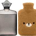 Samply Hot Water Bottle with Cute Fleece Cover, Hot Water Bag for Hot and Cold Compress, Hand Feet Warmer, Neck and Shoulder Pain Relief, Brown Bear