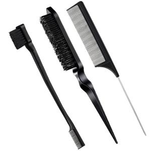 Geiserailie 3 Pcs Slick Back Hair Brush Set Bristle Brush Edge Control Teasing Comb for Women Black Hair(Black) (Black)