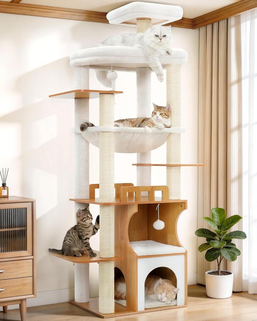 Gitelsnour Cat Tree, 70.9 Inch Wood Cat Tower for Large Cats Adult, Modern Cat Furniture with Double-Layer Wooden Cat Condo, 2 Platforms, Large Hammock and Scratching Posts, Walnut GCT102WB