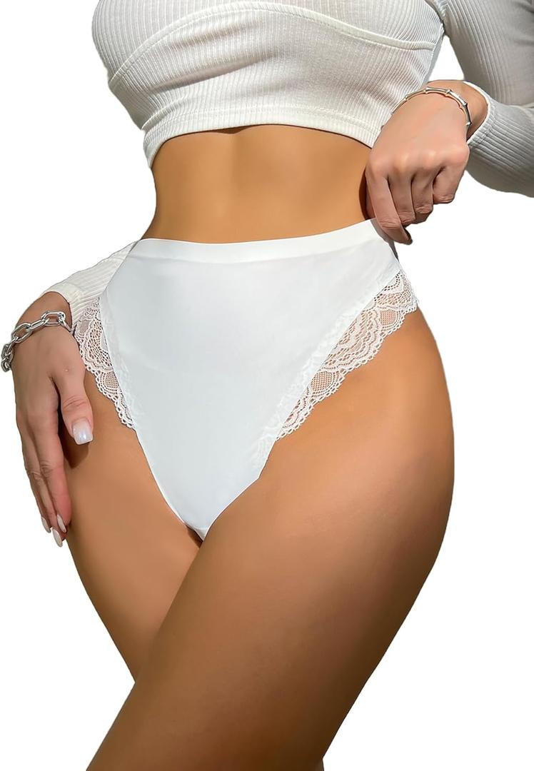 Milumia Women Sexy Lace Panties Underwear High Waisted Thongs French Cut Bikinis (Small, White)