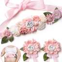 BumpPetal Flower Sash Set, Baby Shower Mom to Be Daddy to Be Corsage Pin, Pink Flower Belt for Maternity Dress, Pregnancy Photo Props Supplies, Gender Reveal Decorations