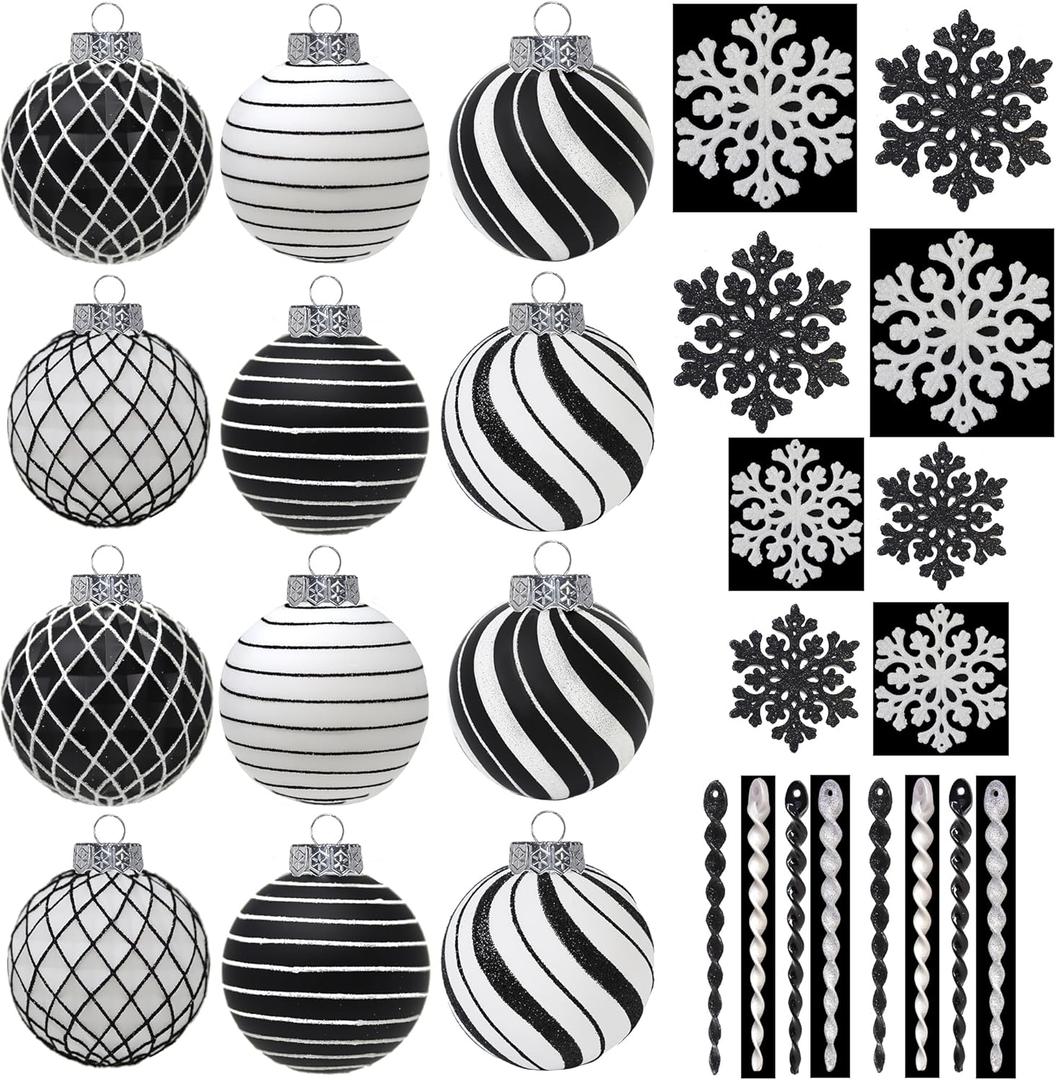 SLEETLY 28pk Black and White Christmas Ball Ornaments for Tree Decorations - Holiday Xmas Shatterproof Plastic Balls, Icicles and Snowflakes Ornament Set