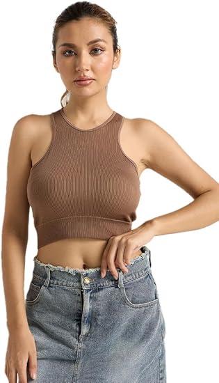 Lmprint Women's Ribbed Crop Tank Top, Sleeveless Racerback, Square Neck, Black, Fitted, Size: L/XL
