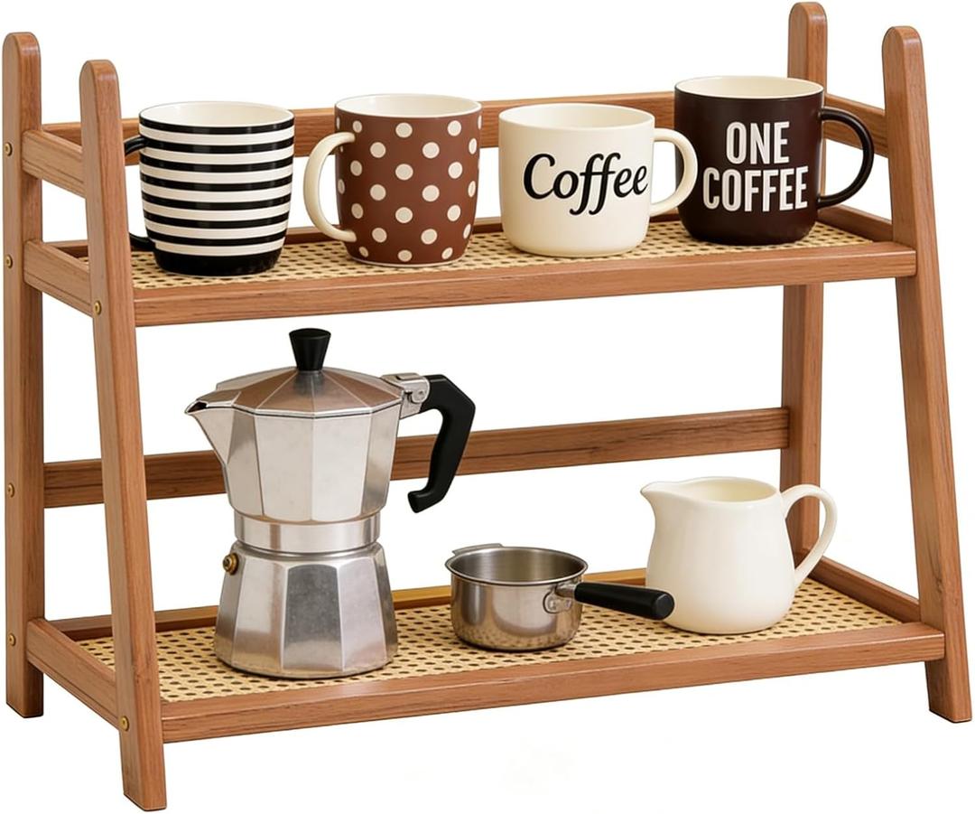 Household 2-Tier Cup Shelf Organizer, Kitchen Counter Shelf for Tea Coffee Bar Accessories, Bamboo Mug Holder Countertop, Matcha Stand, Cup Display, Condiment Storage Rack - Brown