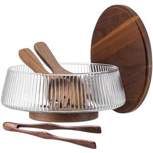 Extra Large Glass Salad Bowl Set, 4.8Qt Mixing Bowl with Acacia Wood Lid, Base and Salad Serving Utensils, Ribbed Serving Bowl Trifle Bowl, Practical Salad Bowls for Kitchen,Parties,Christmas