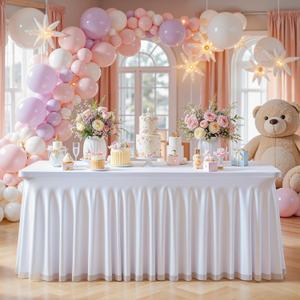 Wish Care White Tulle Rectangle Tablecloth - 4 Foot Rectangle Party Wedding Table Cloths - 4ft Stretch Ruffle Tablecloths - Spandex Fitted Table Cloth - Engagement Baby Shower Baptism Decorations
