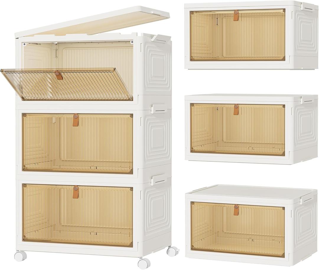 HOMIDEC Closet Organizers and Storage 70Qt 3 Pack Stackable Storage Bins with 3 Lids Closet Organizer Boxes for Clothes Foldable Storage Box (23Qt X 3) (M-3 Lids, White)