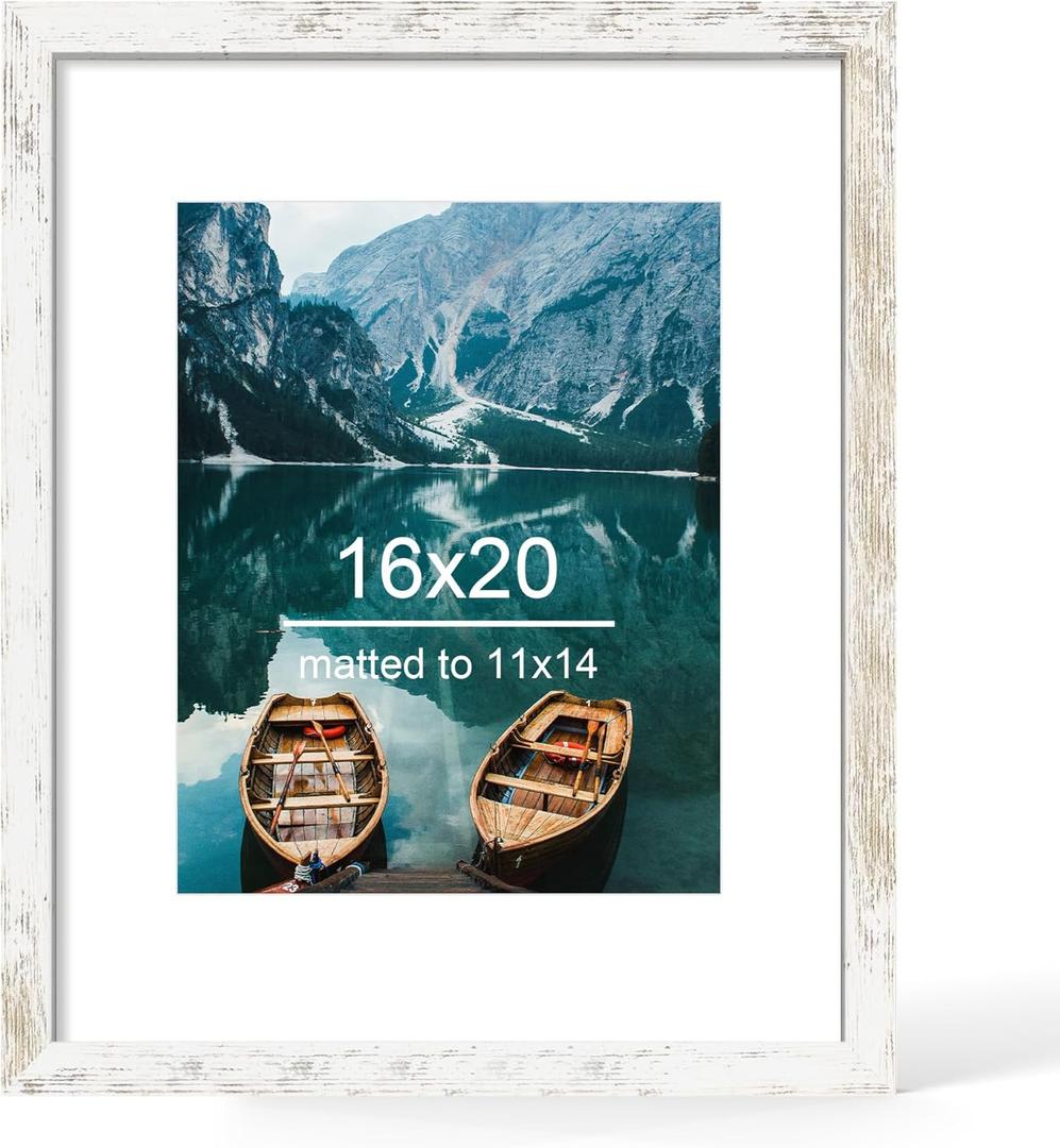 Hongkee 16x20 Frame, Distressed White Wood Style - Display Posters 11 x 14 with Mat or 16x20 without Mat, Wall Mounting Horizontal and Vertical, 1 Pack