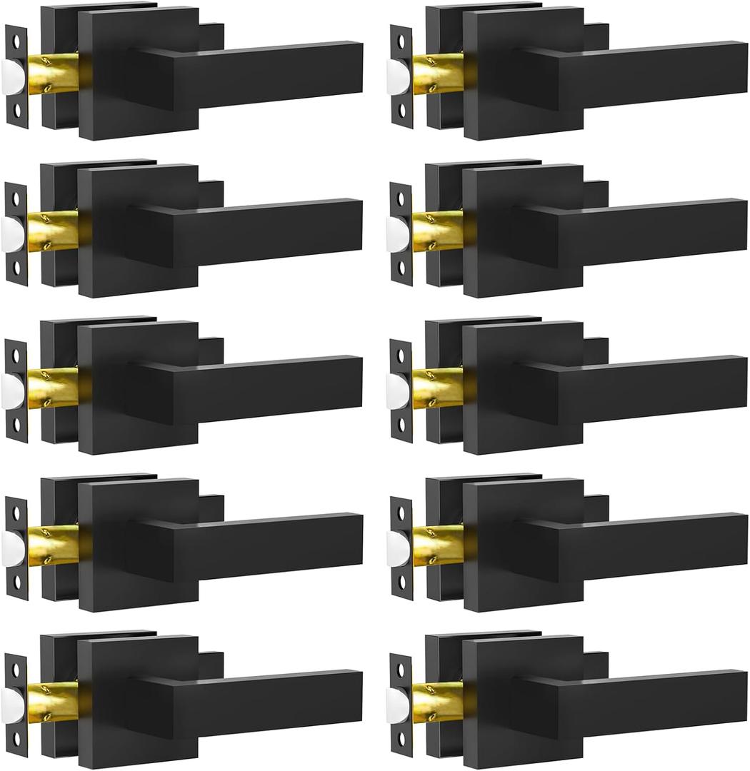 Passage Door Lever, 10 Pack Matte Black Interior Door Handles for Hallway and Closet, Heavy Duty Square Interior Keyless Door Handles Non-Locking Door Knobs for Right & Left Side Door
