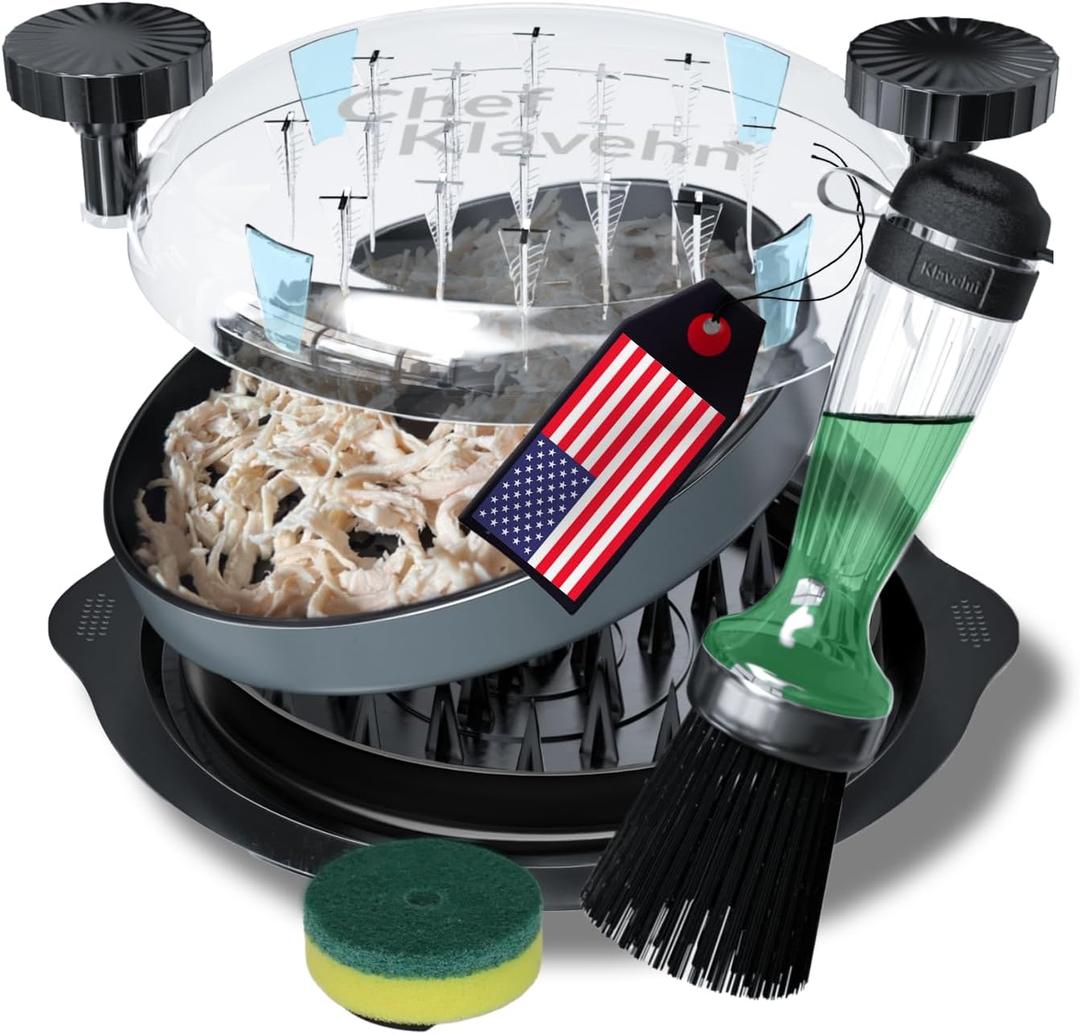 American Brand 3-Layer Chicken Shredder Tool by KLAVEHN with Detachable Plate & Brush | BPA-Free, Double Anti-Slip, Heat-Resist., Dishwasher Safe | Large Twist Tool, Chicken Breast, Pork Meat Grinder (Black)