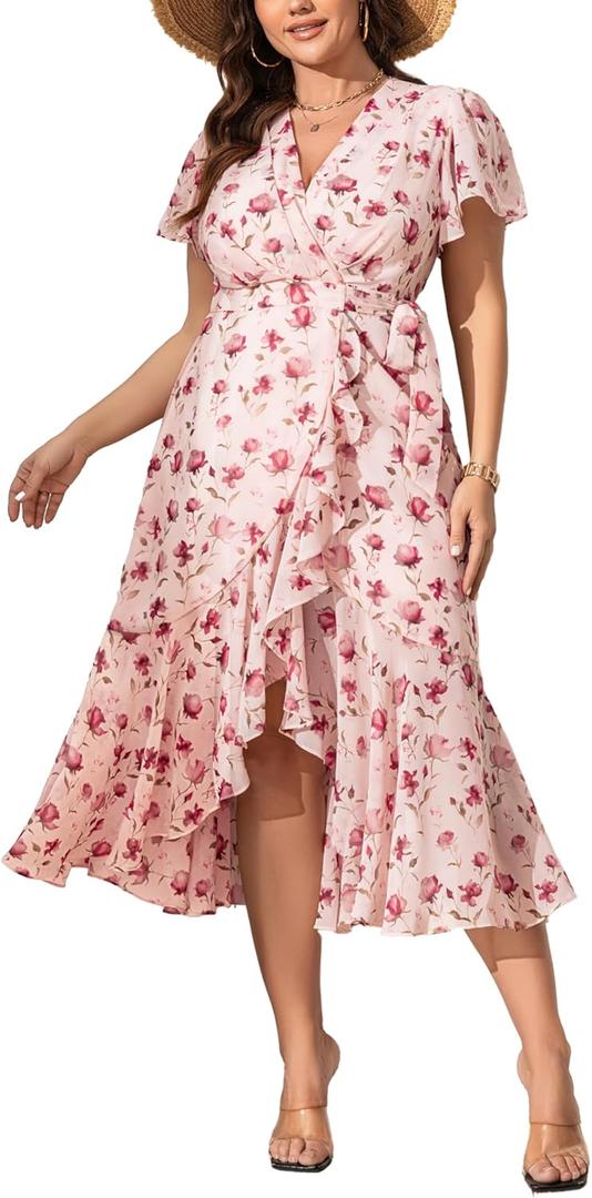 EYWOL Plus Size Wedding Guest Dress for Women, Floral Chiffon Midi Wrap Dress, Flutter Sleeve High Waist Flowy Summer Dresses (Pink, L)