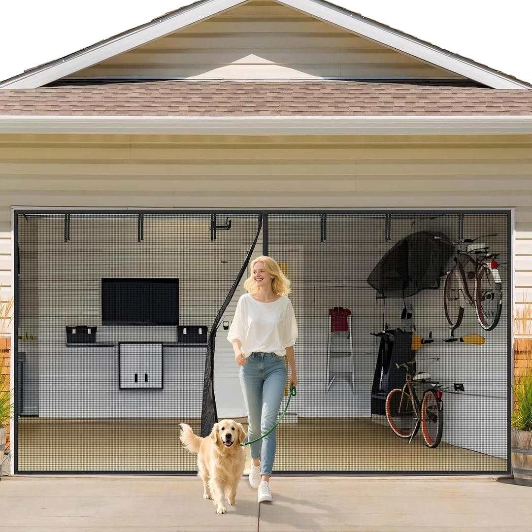Garage Door Screen 2 Car 16x7ft Garage Screen Door,Upgraded PET Mesh Stronger Than Fiberglass and Polyester,Heavy Duty Weighted Bottom and Magnetic Closure,Hands Free,Easy Assembly