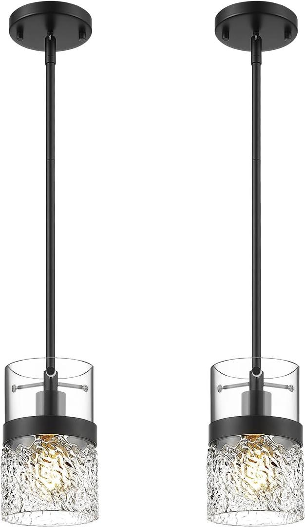 LMS 2-Pack Pendant Lights, 5 Inch Dia Industrial Linear Light Fixtures for Kitchen Island with Adjustable Rods, Medium Hanging Lamp with Hammered Glass, LMS-171PL-BKM-2PK