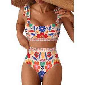 Herseas Womens Bikini Sets Two Piece Full Coverage Swimsuits Shoulder Strap Knot Padded High Rise Tummy Control Bathing Suits Teens Slimming Swimwear Beach Vacation Clothes Orange, Small