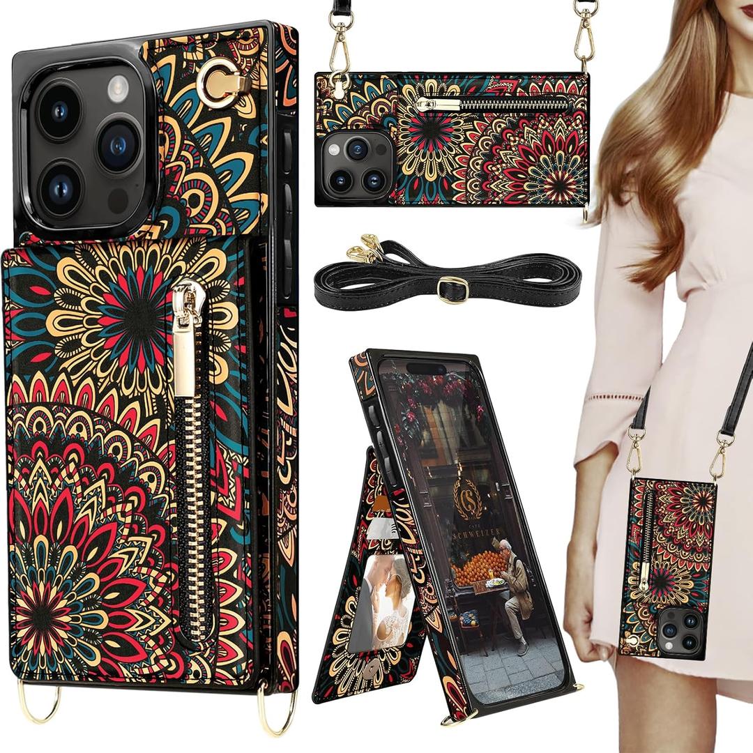 HOGGU Compatible with iPhone 16 Pro Max Case with Card Holder [RFID Blocking], Zipper Purse, Crossbody Strap, Magnetic Closure Flip Floral Leather Corners Protective Cover Case, Mandala
