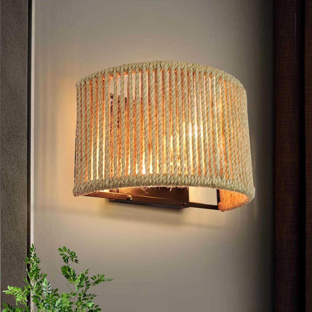 Rattan Wall Sconce Boho Wall Light Fixture Hand Woven Wall Mounted Lamp for Bedroom, Staircase, Aisle, Porch, Dia 9.7 Inch