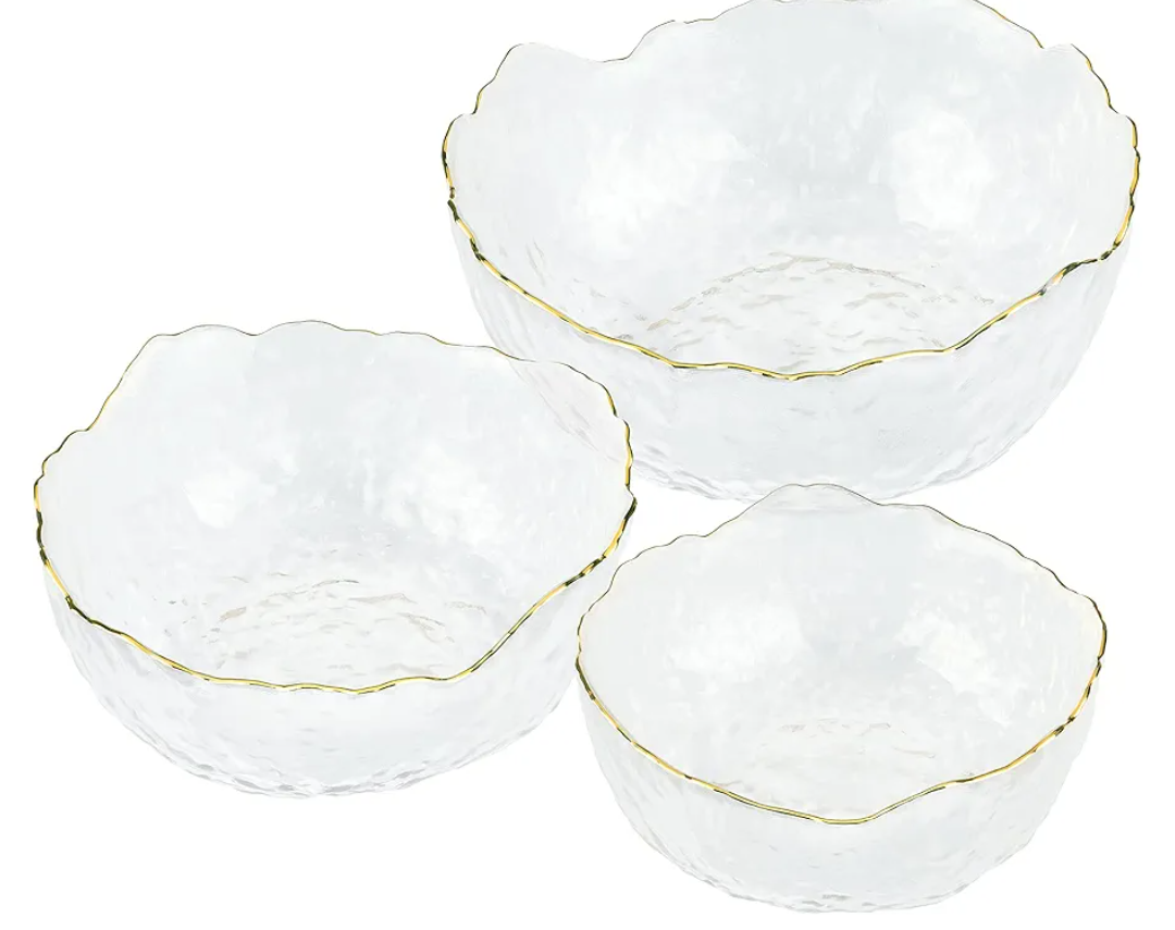 Navaris Glass Serving Bowls - Set of 3 Gold Edge Tempered Glass Dessert Bowl Dishes for Ice Cream, Jelly, Fruit, Hot, Cold Food- Small, Medium, Large