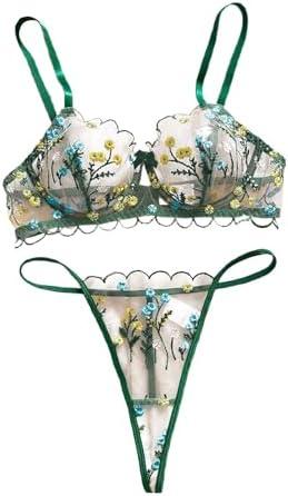 Two Piece Lace Panty and Bralette for Women Sexy Floral Embroidery Mesh Sheer Bra and Thong Lingerie Set Sleepwear Green XL