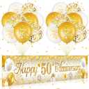 50th Wedding Anniversary Decorations White Gold Happy 50th Anniversary Yard Banner and 18Pcs 50th Golden Wedding Anniversary Balloons for 50th Golden Wedding Anniversary Party Decorations