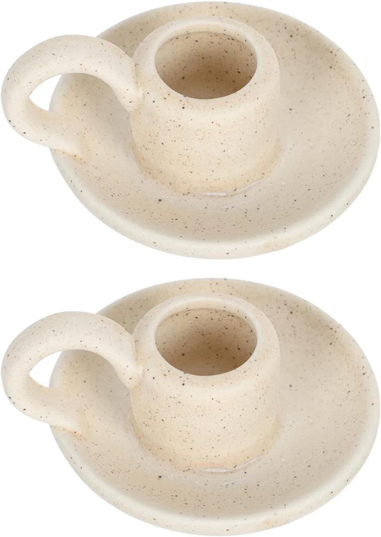 DOITOOL Beige Ceramic Candle Holders with Handle, Decorative Candlestick Holders Set of 2 Nordic Style Taper Candle Holders for Home Wedding Party, Anniversary Housewarming (7 x 5 cm)